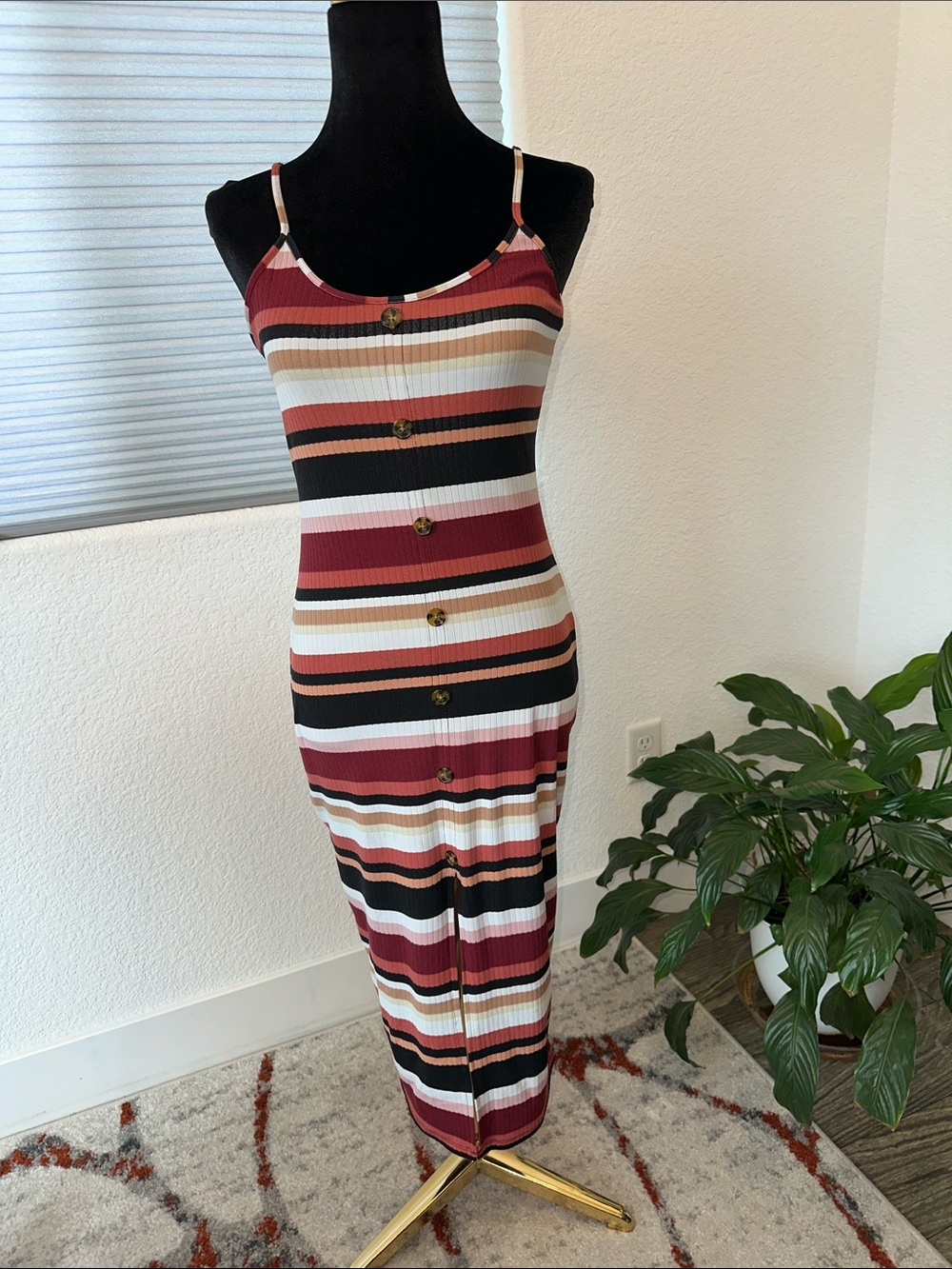 No Boundaries Striped Ribbed Midi Dress in Burgundy, Black, Cream, Tan, White